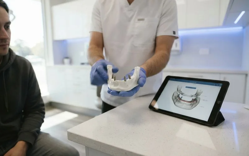 Dental implant model showing four titanium posts angled to support a full upper arch prosthesis, demonstrating the All-on-4 technique