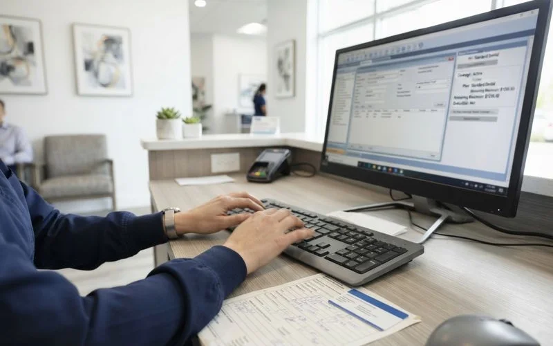 Patient on the phone reviewing dental insurance benefits with a printed plan summary and calculator on the table in front of them