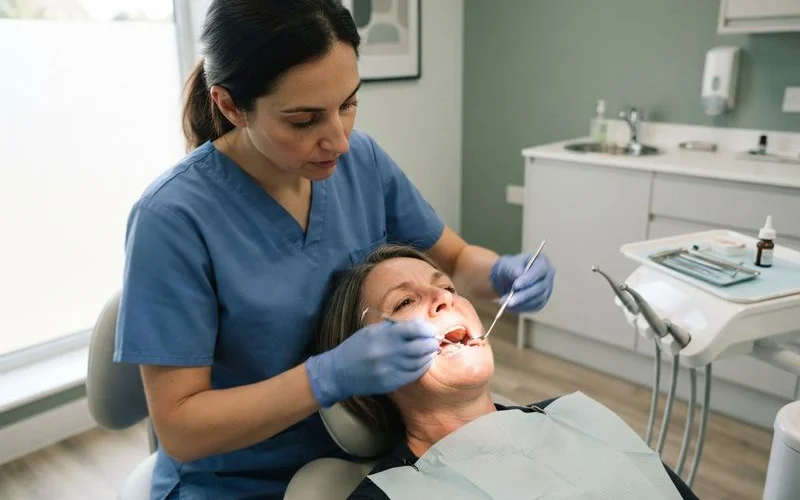 Close-up of a dental professional examining gum tissue around a dental implant with a dental mirror during a follow-up appointment
