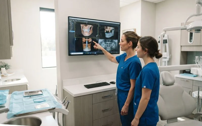 Dental surgeon reviewing a three-dimensional jaw scan on a computer monitor before a dental implant placement procedure, patient chair visible in the background