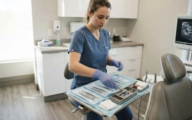Dental surgical team preparing implant instruments on a tray beside a patient chair in a bright treatment room before a same-day implant procedure