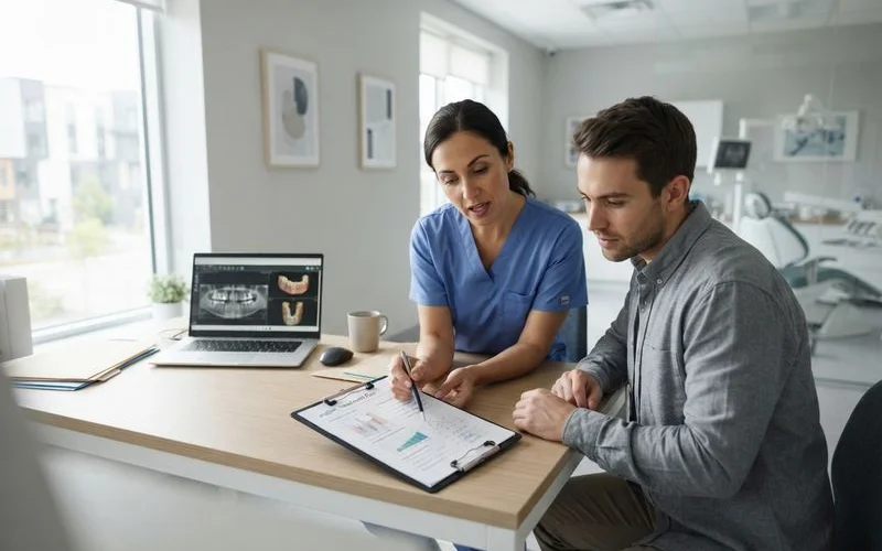 Dental specialist reviewing a 3D jaw scan on a monitor with a patient during a consultation about implant placement and restoration planning